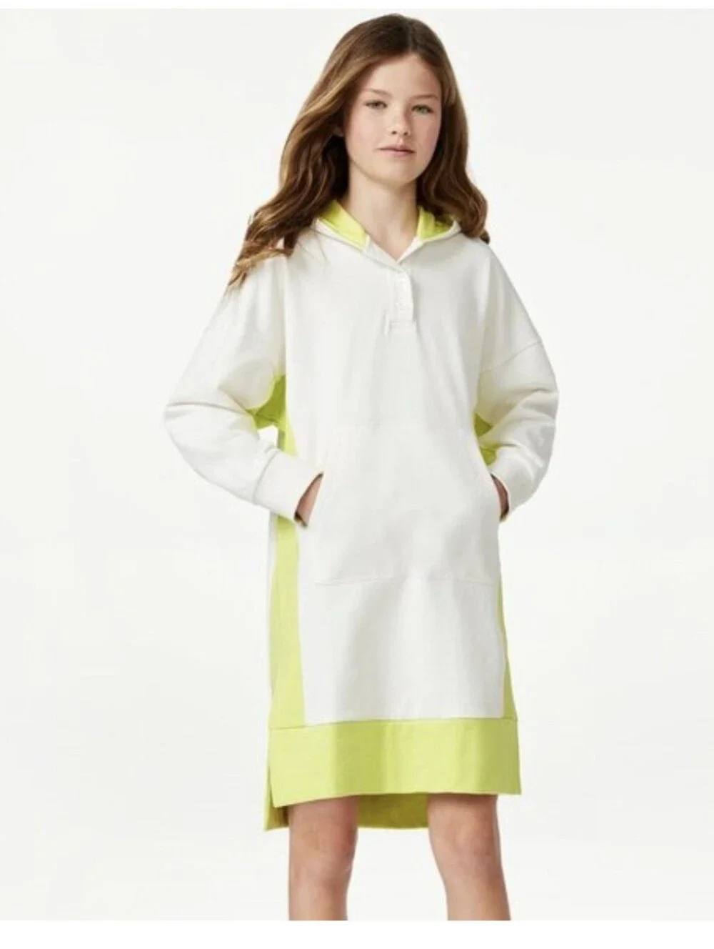 Cotton Girls' White and Lime Hooded Dress Large Women Small